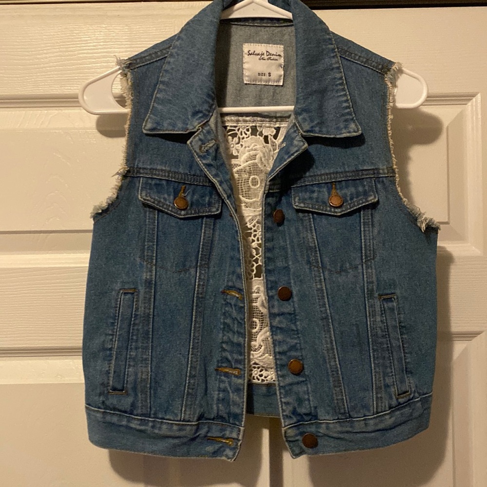 Floral lace back denim vest